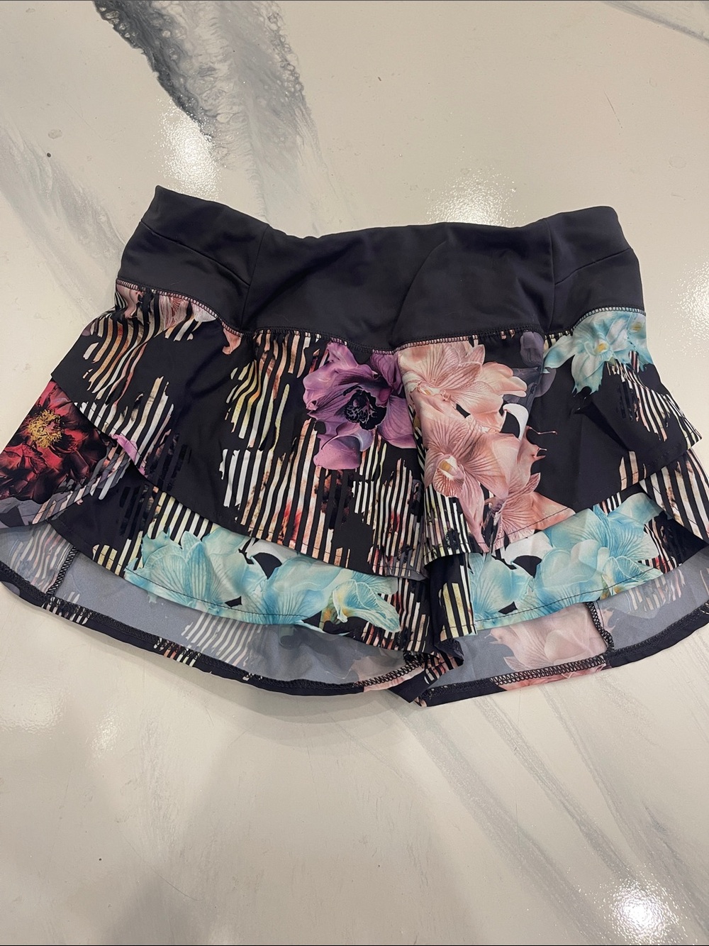 Black Floral Layered Ruffle Active Skort